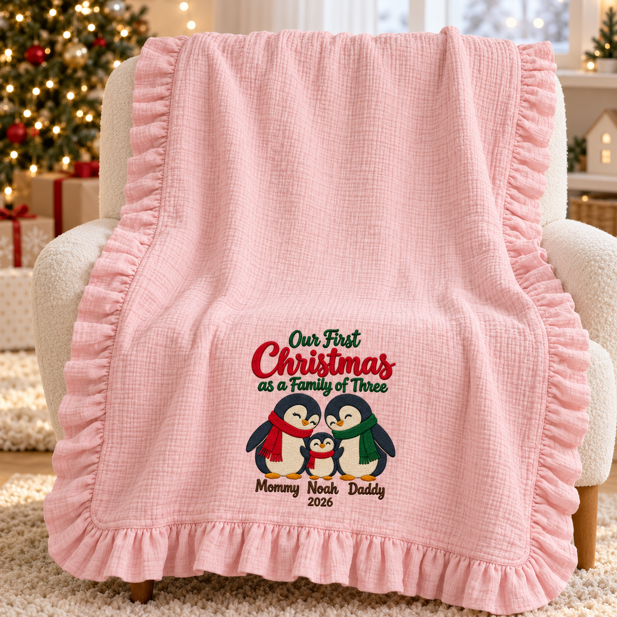 Our First Christmas as a Family Muslin Blanket | Personalized Mommy Daddy Baby Keepsake Gift
