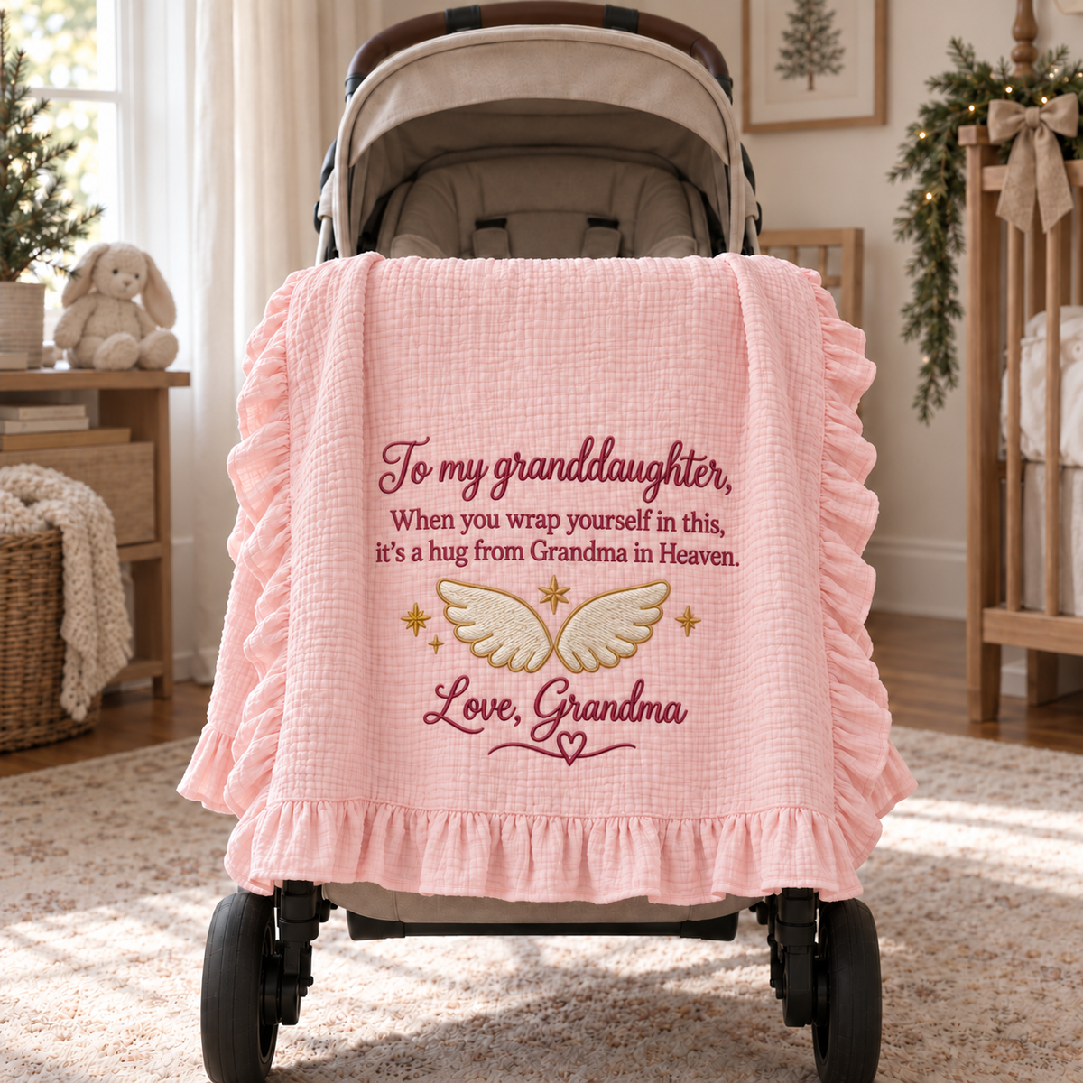 Hug From Grandma in Heaven Embroidered Muslin Blanket | Memorial Keepsake Gift for Granddaughter