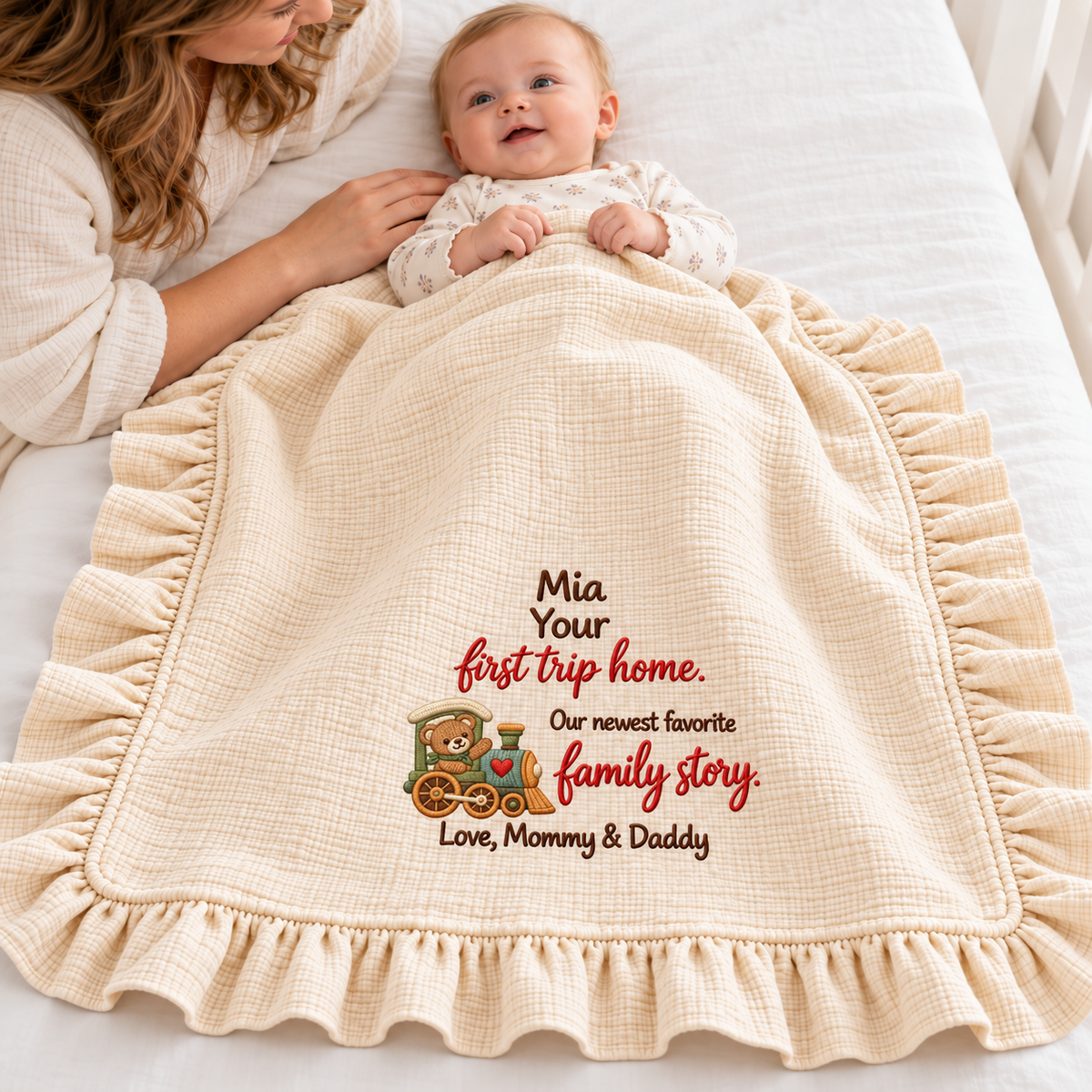 Doing Great Job Mommy Keepsake Muslin Blanket | Embroidered 1st Christmas Gift Blanket
