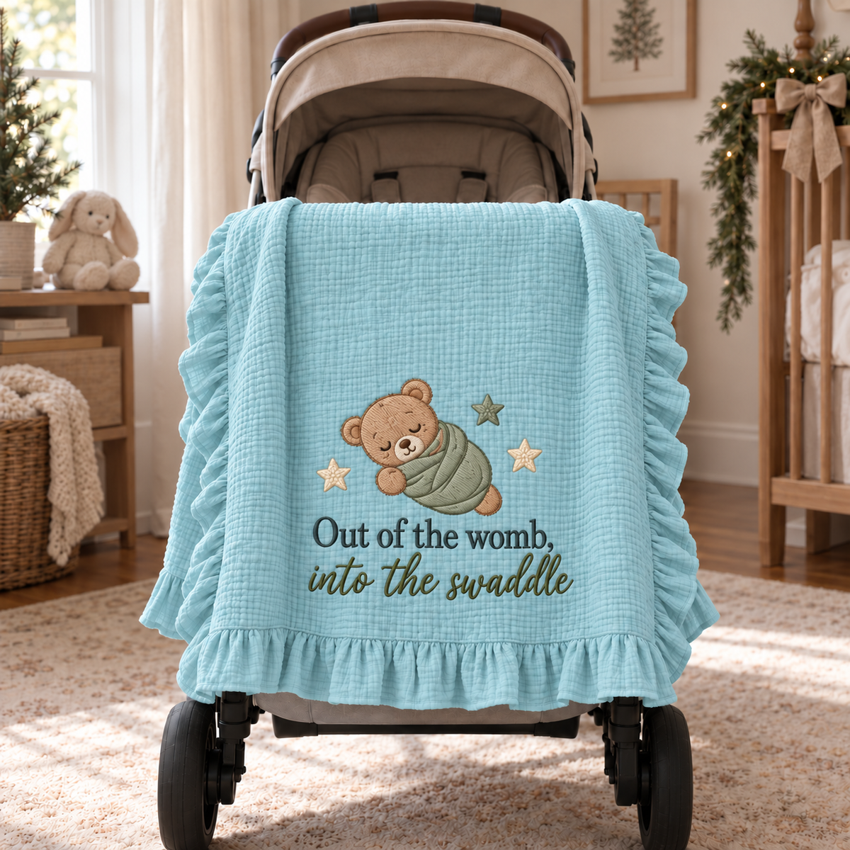 Out of the Womb Into the Swaddle Embroidered Muslin Blanket | Funny Newborn Keepsake Gift