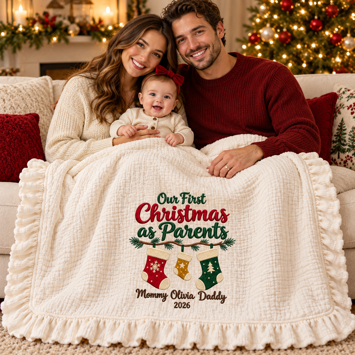 Our First Christmas as Parents Embroidered Blanket | Personalized Family Keepsake Gift