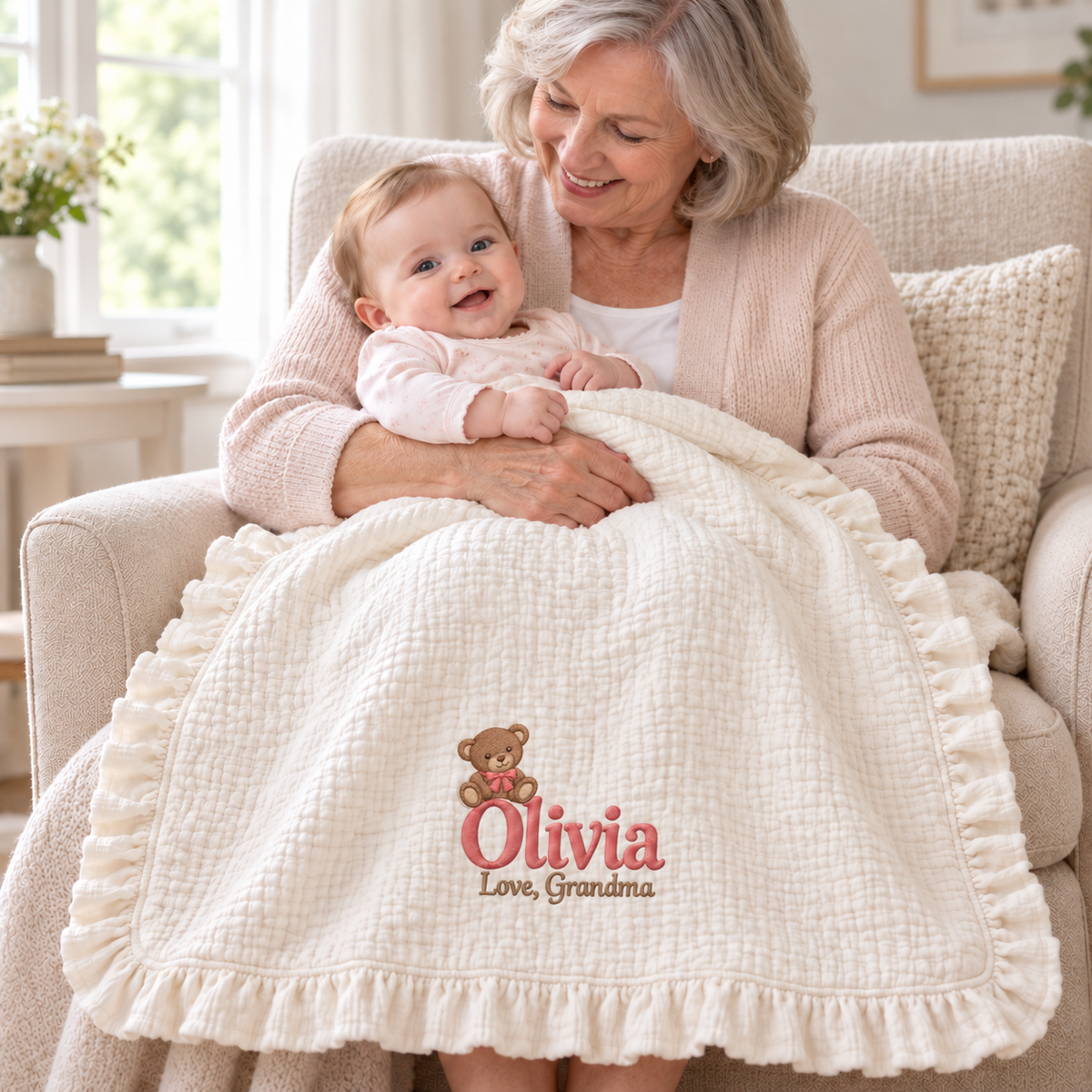 Custom Name Embroidered Keepsake Blanket | Personalized Gift from Grandma