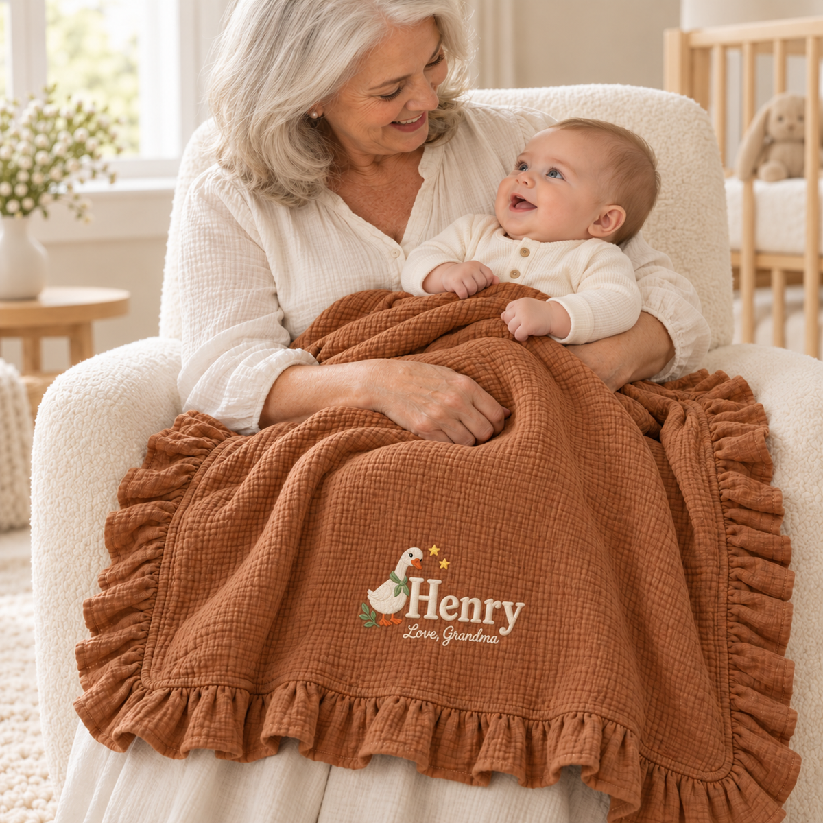 Personalized Name Embroidered Muslin Blanket | Custom Name Keepsake Gift from Grandma