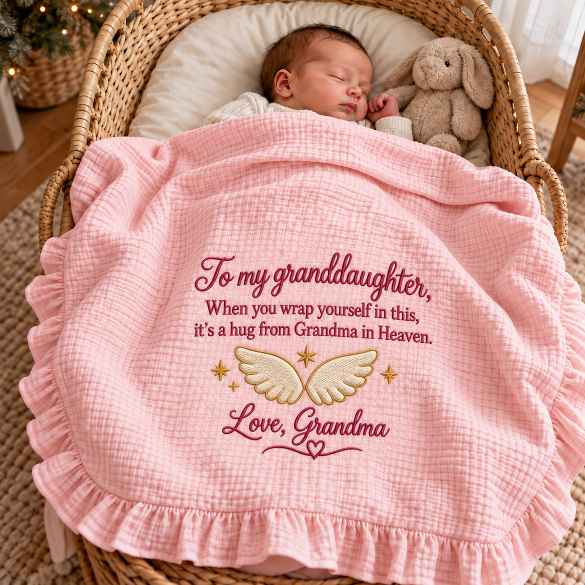 Hug From Grandma in Heaven Embroidered Muslin Blanket | Memorial Keepsake Gift for Granddaughter