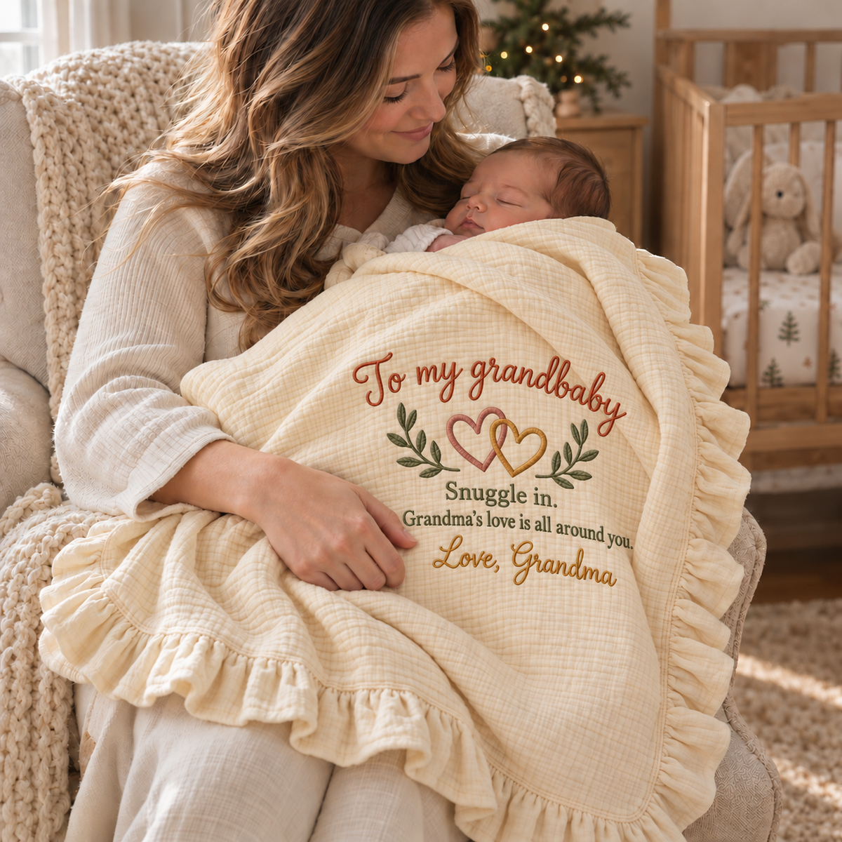 Grandma's Love Snuggle In Embroidered Muslin Blanket | Personalized Grandbaby Keepsake Gift