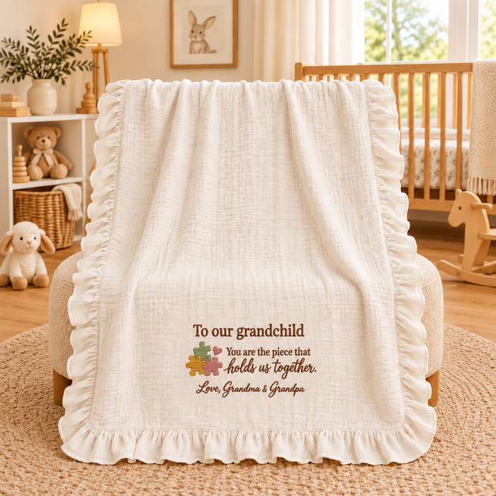 You Are The Piece That Holds Us Together Muslin Blanket | Personalized Grandchild Keepsake Gift