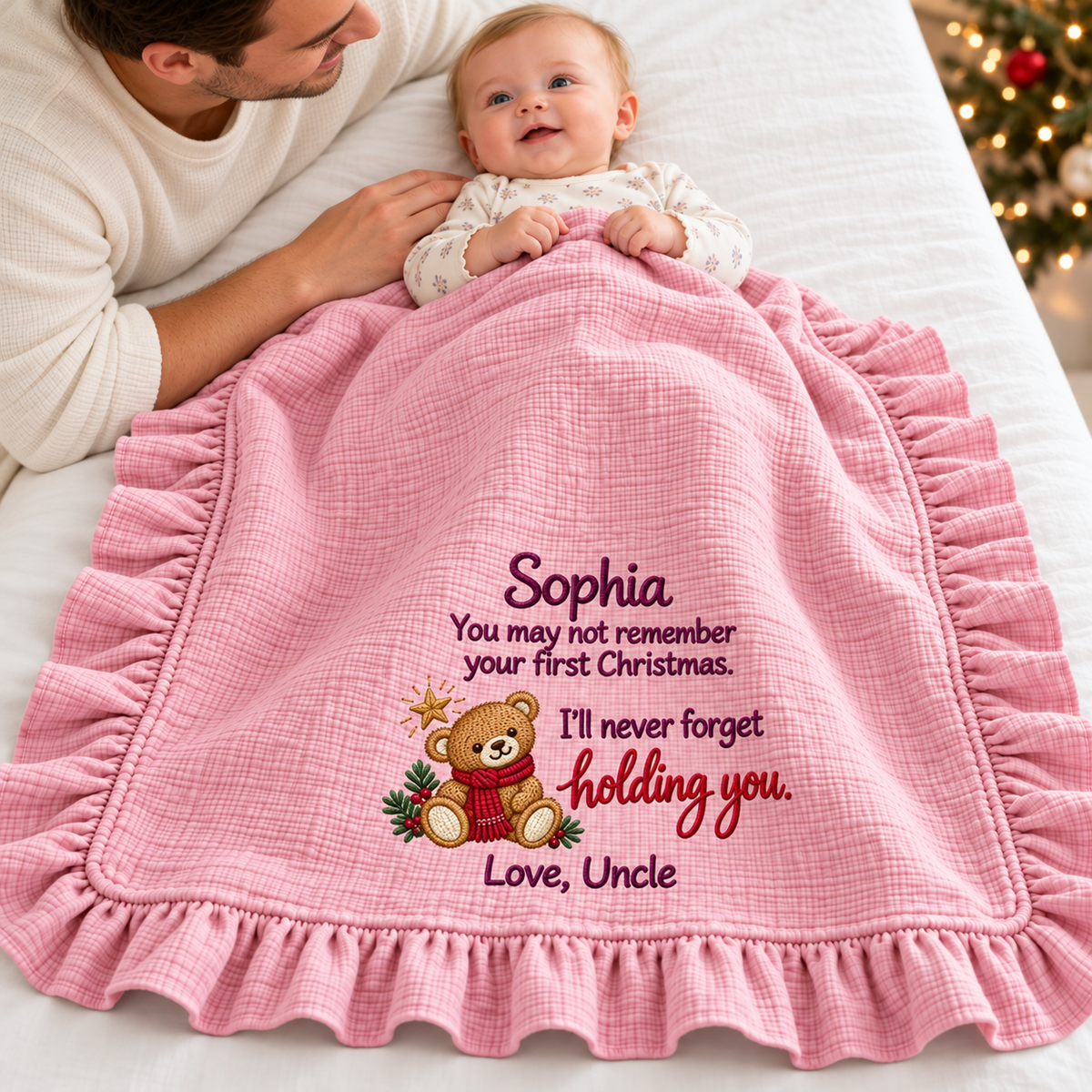 Doing Great Job Mommy Ruffle Muslin Blanket | 1st Christmas Personalized Keepsake Gift