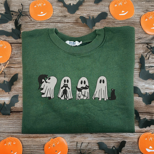 Halloween Blackcat & Ghost Embroidered Crewneck Sweatshirt, Funny Halloween Shirt, Gift for Her