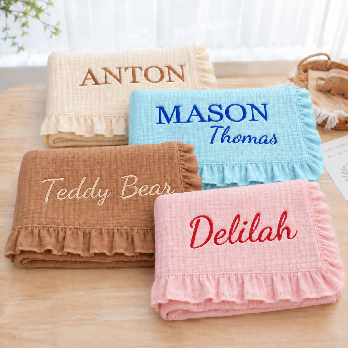 Custom Embroidered Baby Blanket with Name and Wildflowers, Ruffle Muslin Blanket, Baby Shower Gift, Newborn Essentials, Toddler Bedding
