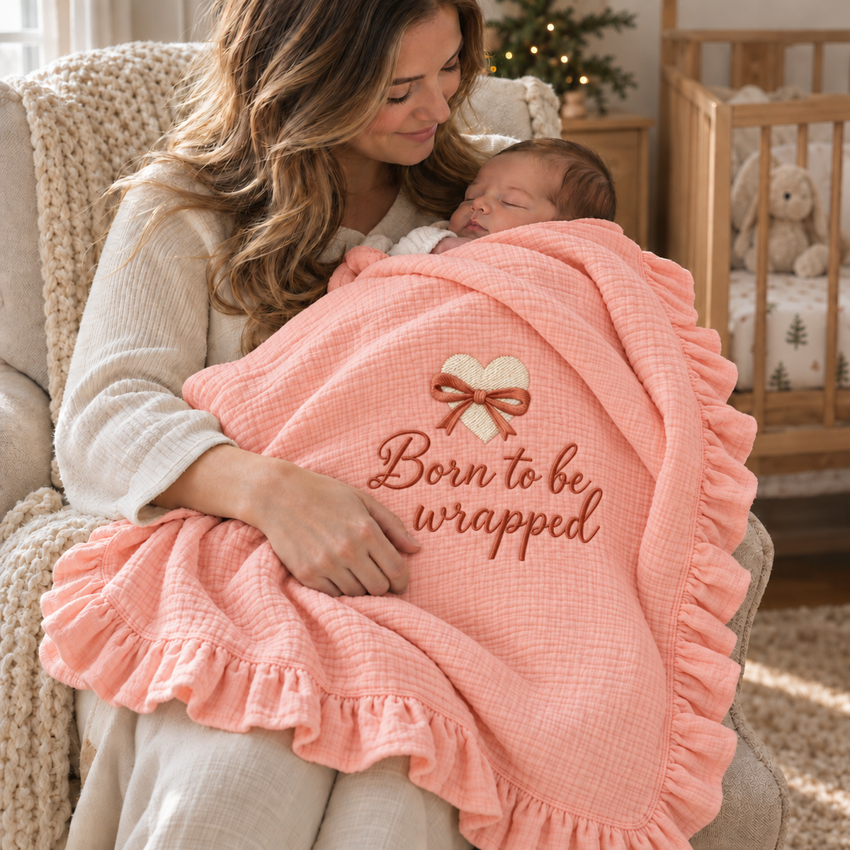 Born to Be Wrapped Embroidered Muslin Baby Blanket | Personalized Newborn Keepsake Gift
