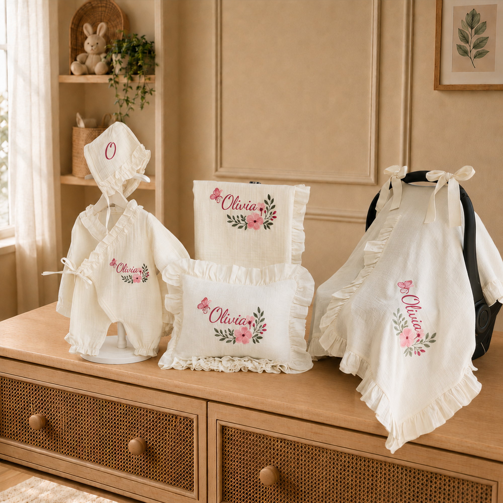 Personalized Embroidered 4 Pieces  Gift Set For Baby Girl, Muslin Romper  Blanket Pillow Stroller Cover Natural Cream