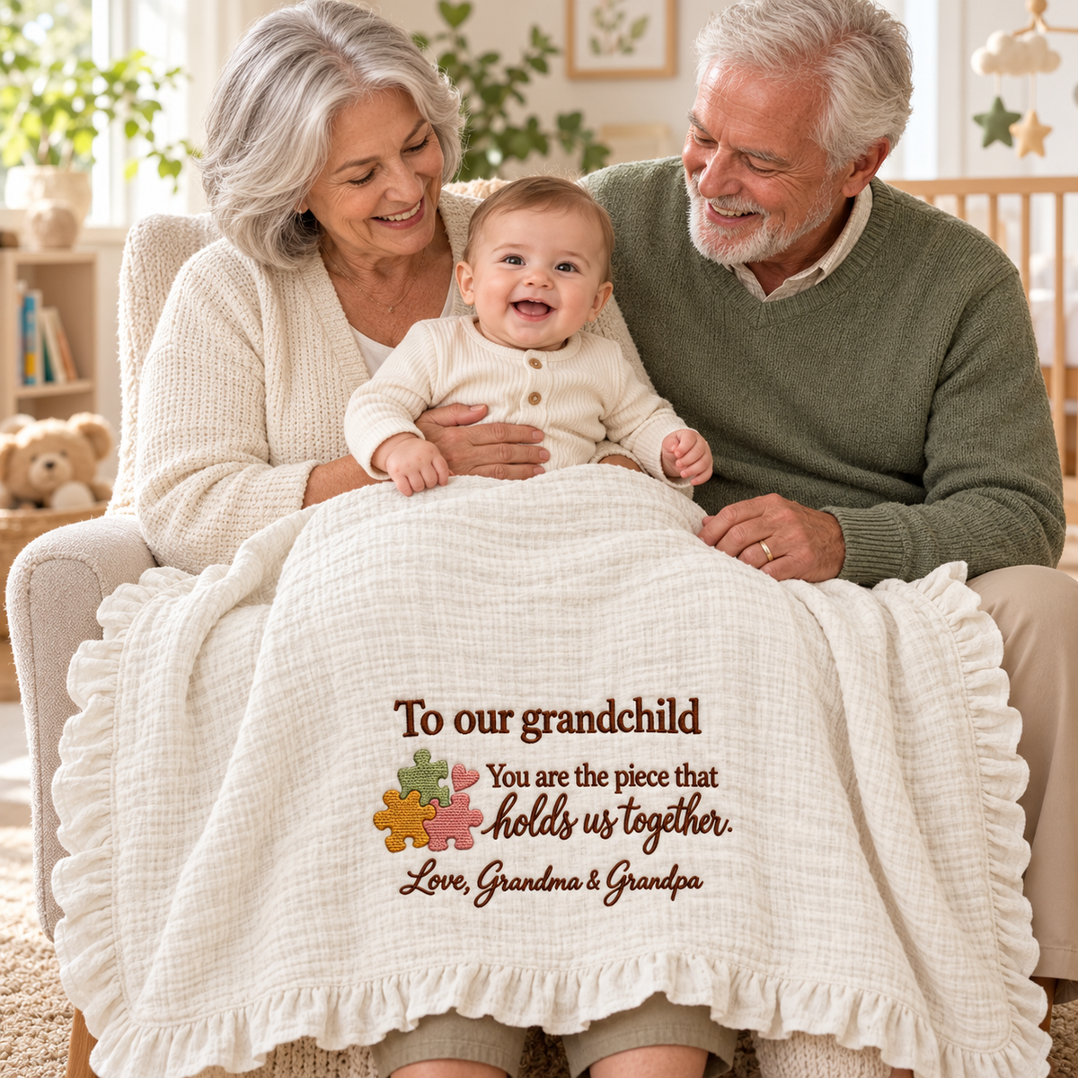 You Are The Piece That Holds Us Together Muslin Blanket | Personalized Grandchild Keepsake Gift