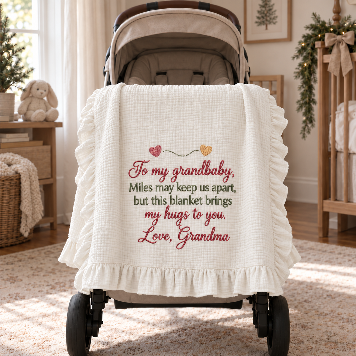 Grandma's Hugs From Miles Away Muslin Blanket | Personalized Grandbaby Keepsake Gift