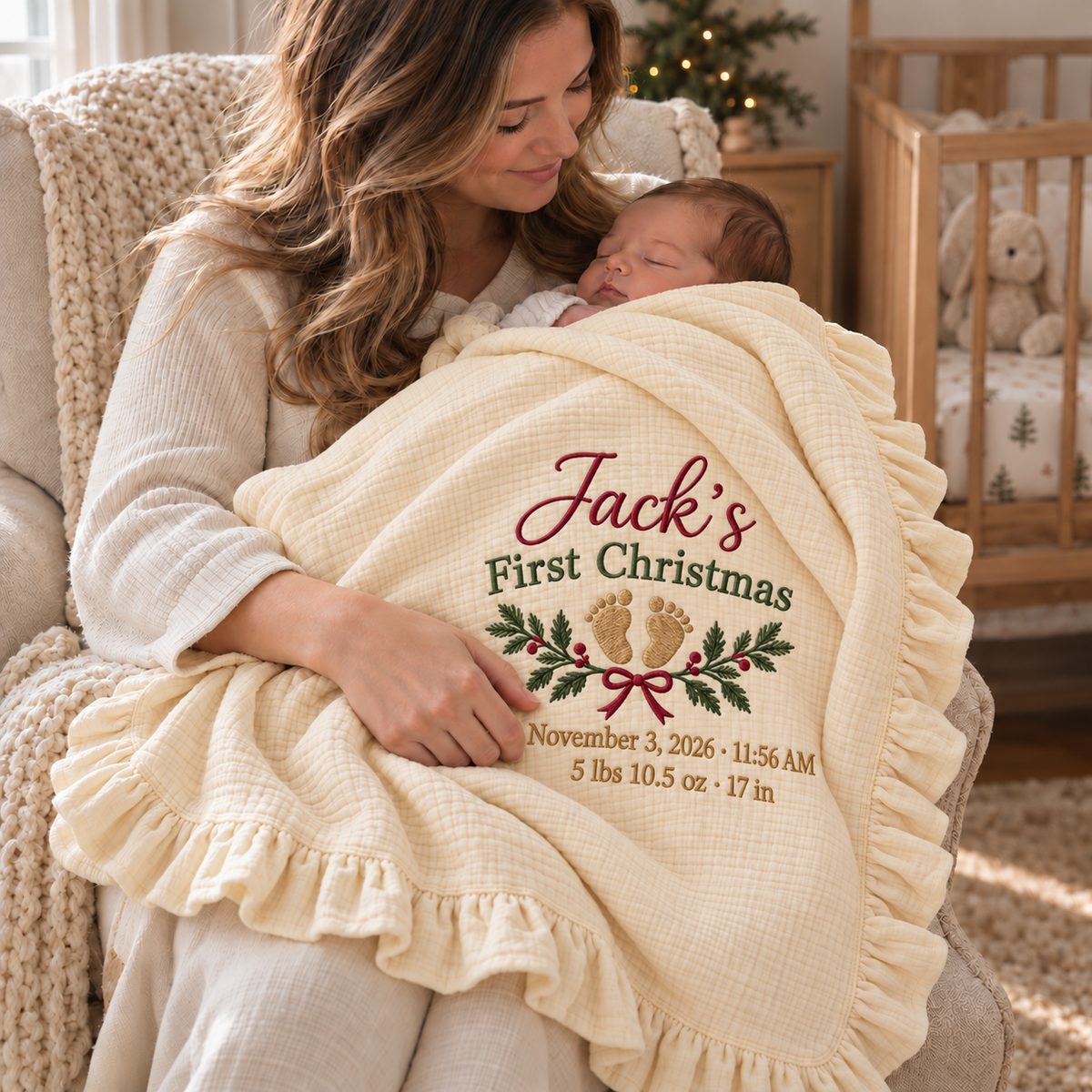 Personalized Birth Announcement First Christmas Muslin Blanket | Custom Baby Stats Keepsake Gift