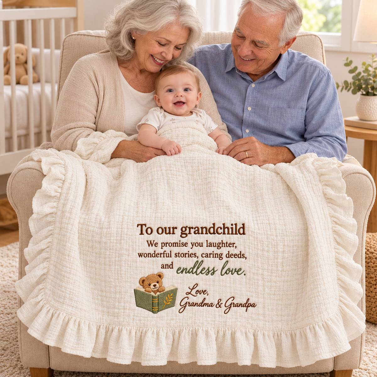 We Promise You Laughter Grandparent Muslin Blanket | Personalized Grandchild Keepsake Gift