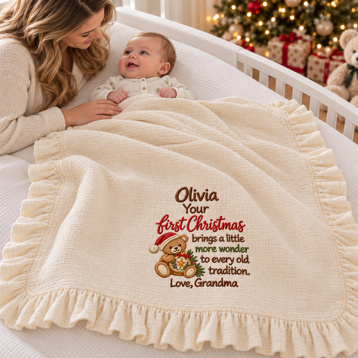 Happy Our 1st Christmas Together Embroidered Muslin Blanket | Mommy & Baby Keepsake Gift Blanket