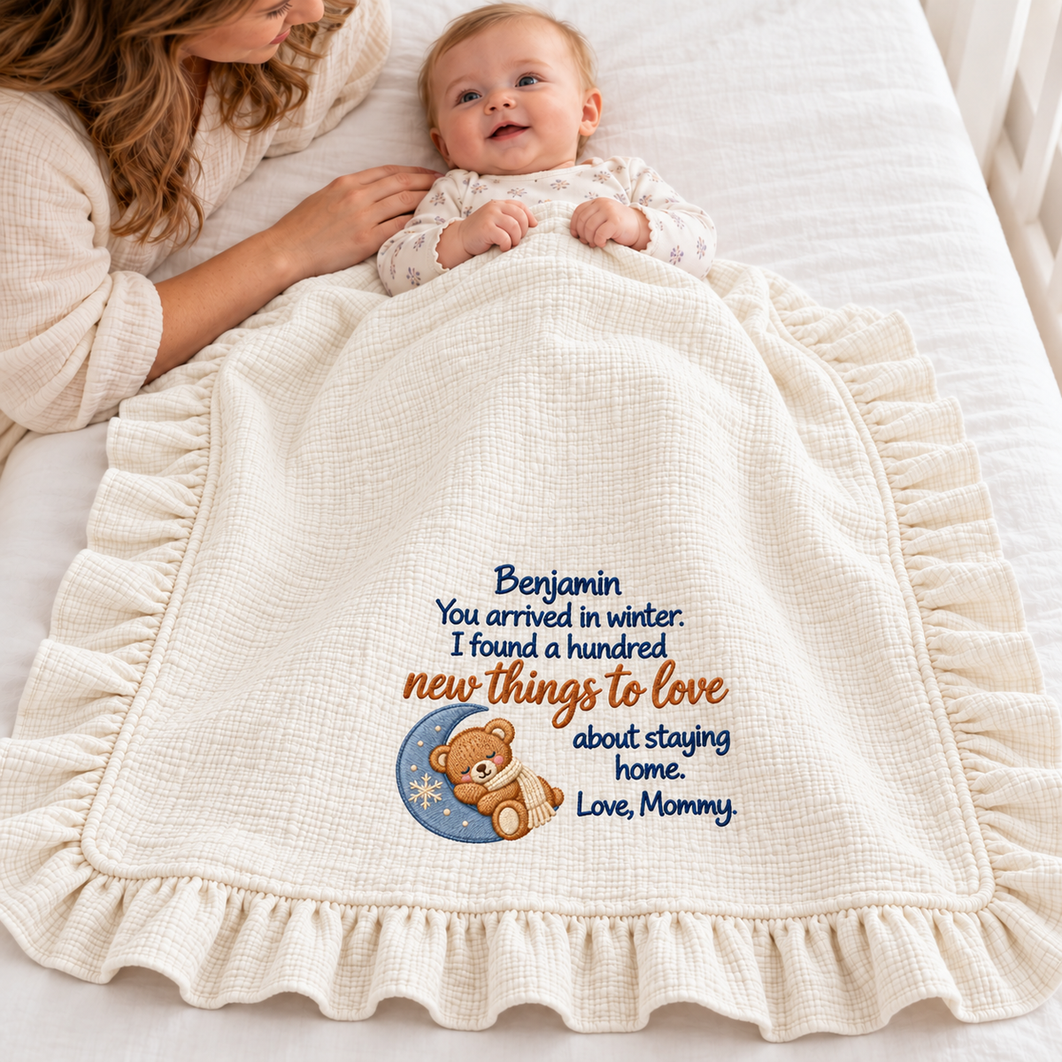Happy First Christmas Mommy and Me Muslin Blanket | Custom Embroidered Keepsake Gift Blanket