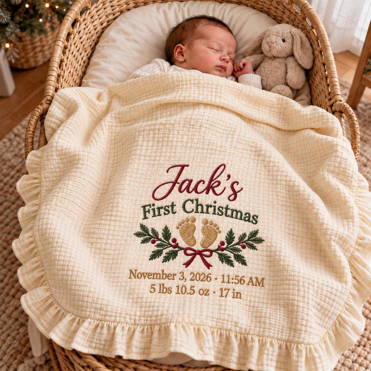 Personalized Birth Announcement First Christmas Muslin Blanket | Custom Baby Stats Keepsake Gift