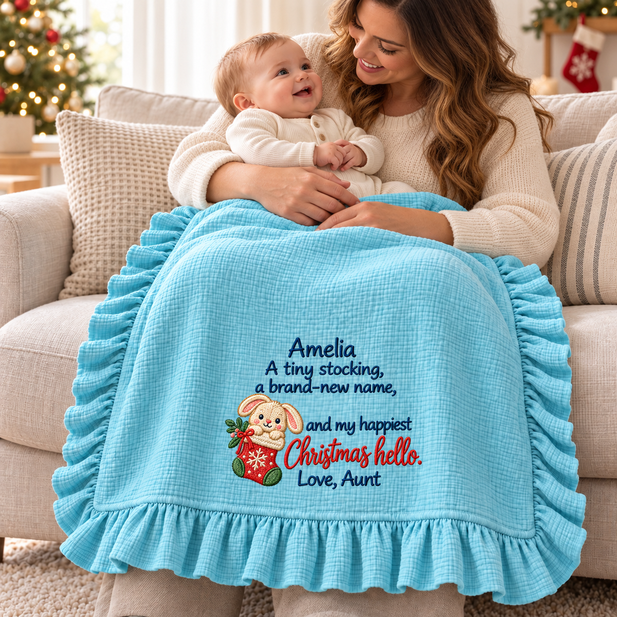 Mommy and Baby First Christmas Embroidered Muslin Blanket | Personalized Keepsake Gift for Newborn