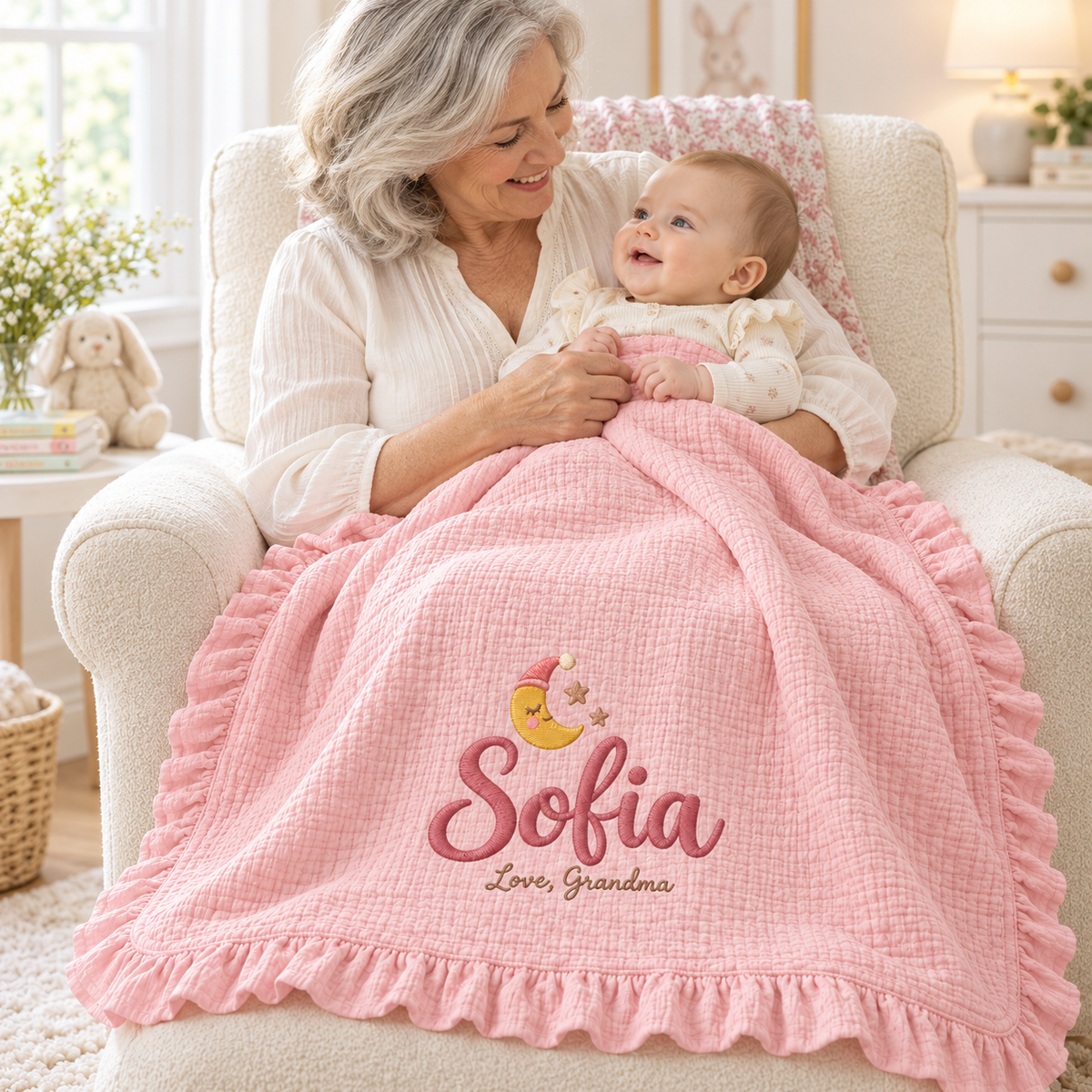 Personalized Name Muslin Keepsake Blanket | Custom Gift from Grandma