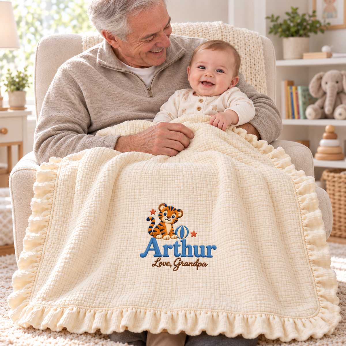 Custom Name Embroidered Muslin Blanket | Personalized Keepsake Gift from Grandpa