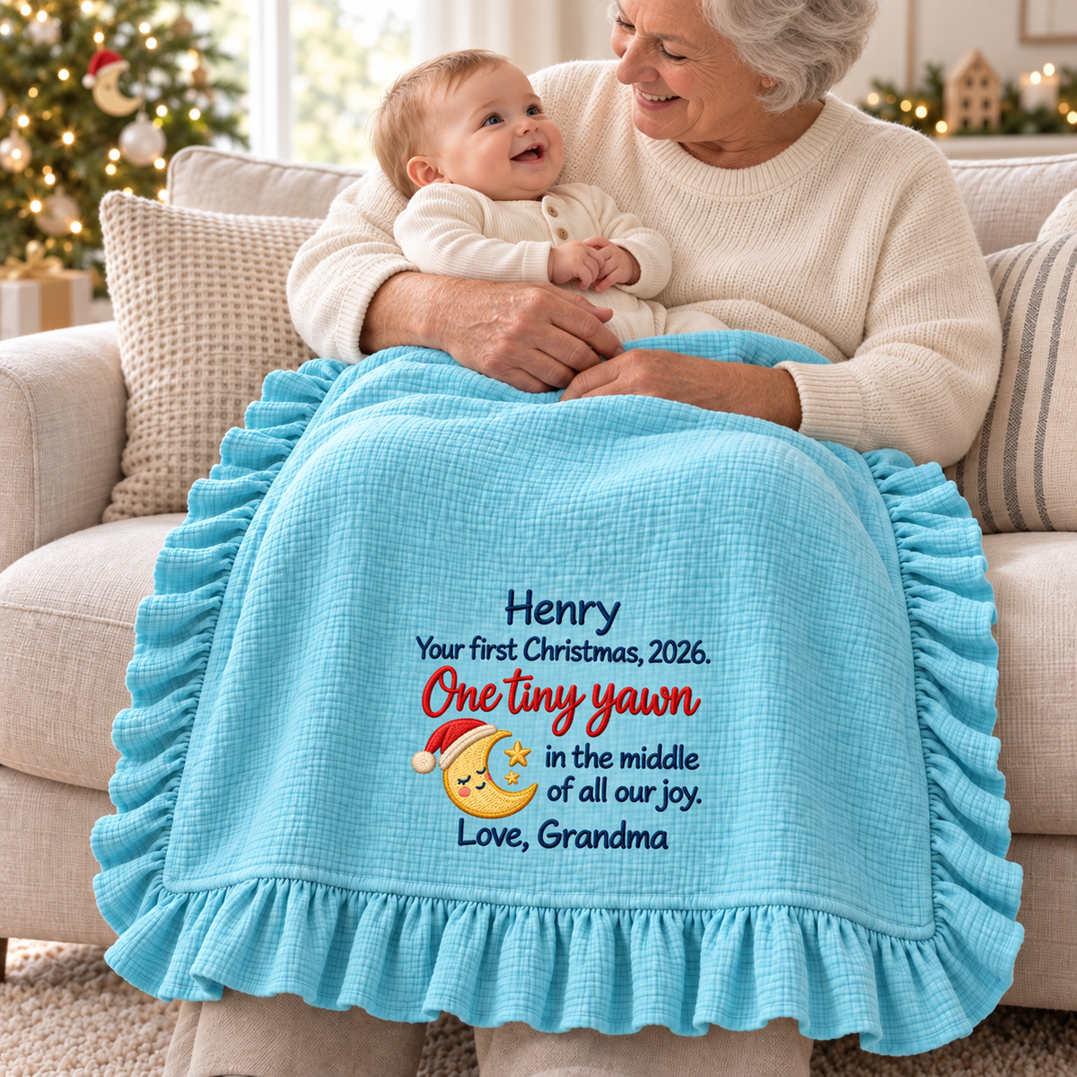 Love Mommy Embroidered Muslin Blanket | Personalized Newborn Christmas Keepsake Gift Blanket