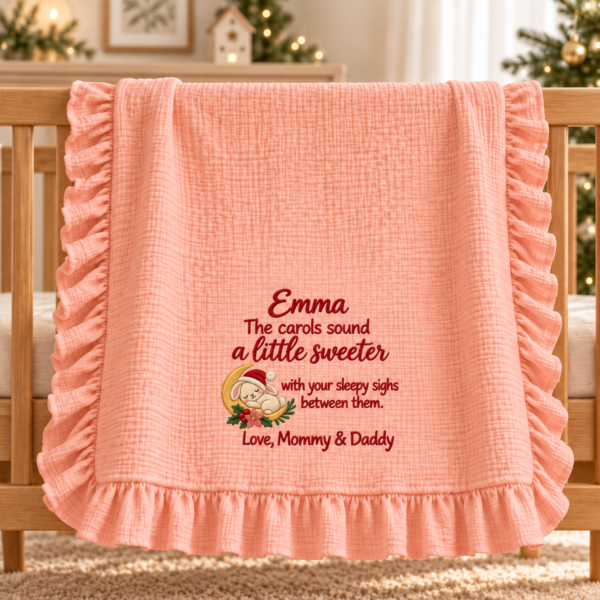 First Christmas Together Ruffle Muslin Blanket | Personalized Newborn Keepsake Gift Blanket