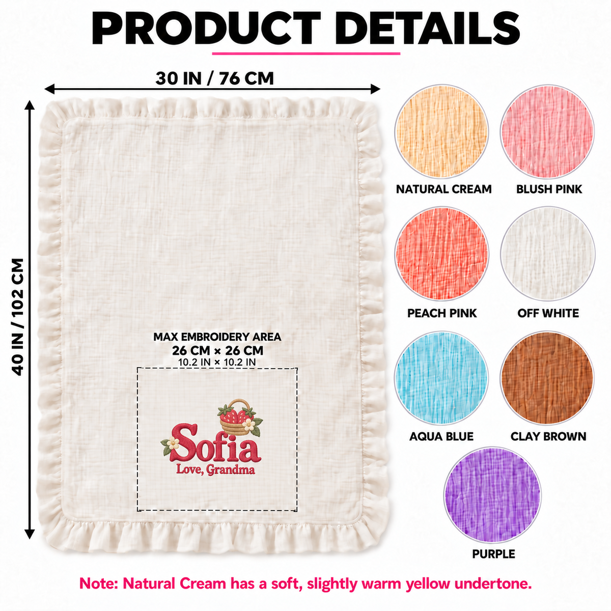 Custom Name Embroidered Muslin Blanket | Personalized Keepsake Gift from Grandma
