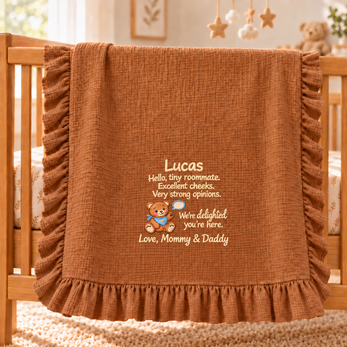Our First Christmas Morning Muslin Blanket | Embroidered Mommy & Baby Gift for Newborn