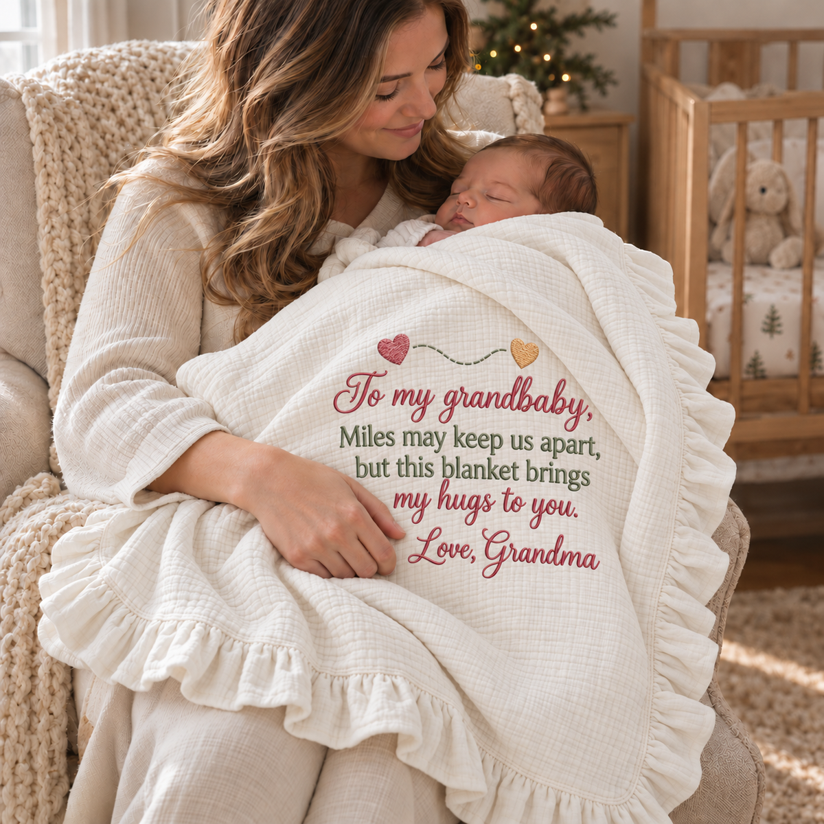 Miles Apart Hugs From Grandma Embroidered Muslin Blanket | Personalized Grandbaby Keepsake Gift