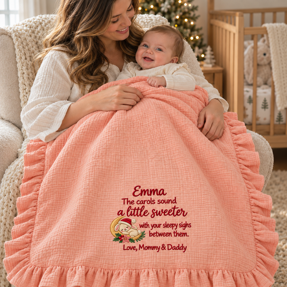 First Christmas Together Ruffle Muslin Blanket | Personalized Newborn Keepsake Gift Blanket