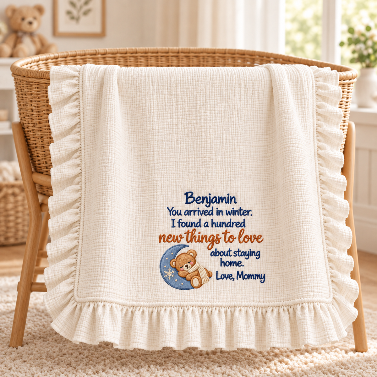 Happy First Christmas Mommy and Me Muslin Blanket | Custom Embroidered Keepsake Gift Blanket