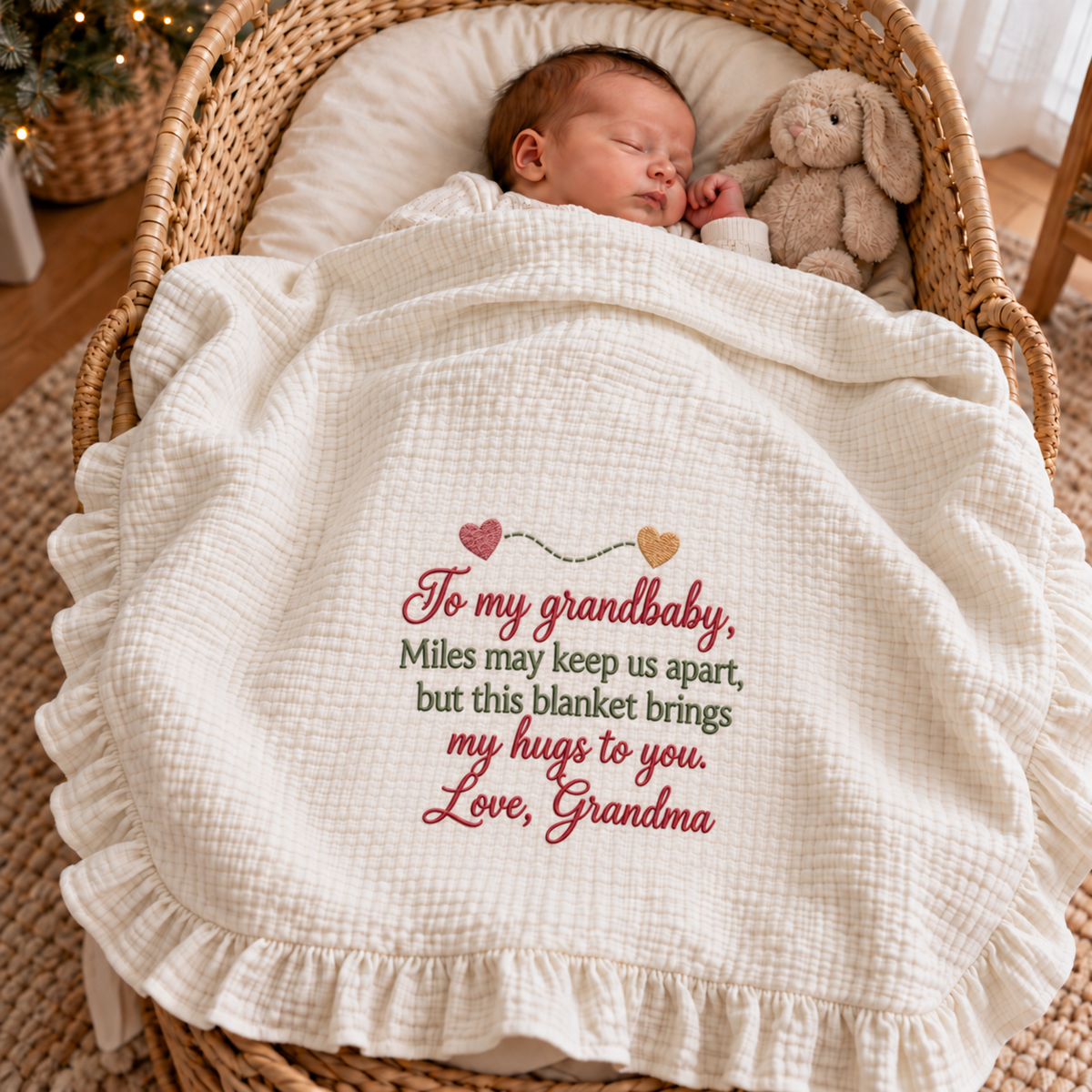 Grandma's Hugs From Miles Away Muslin Blanket | Personalized Grandbaby Keepsake Gift