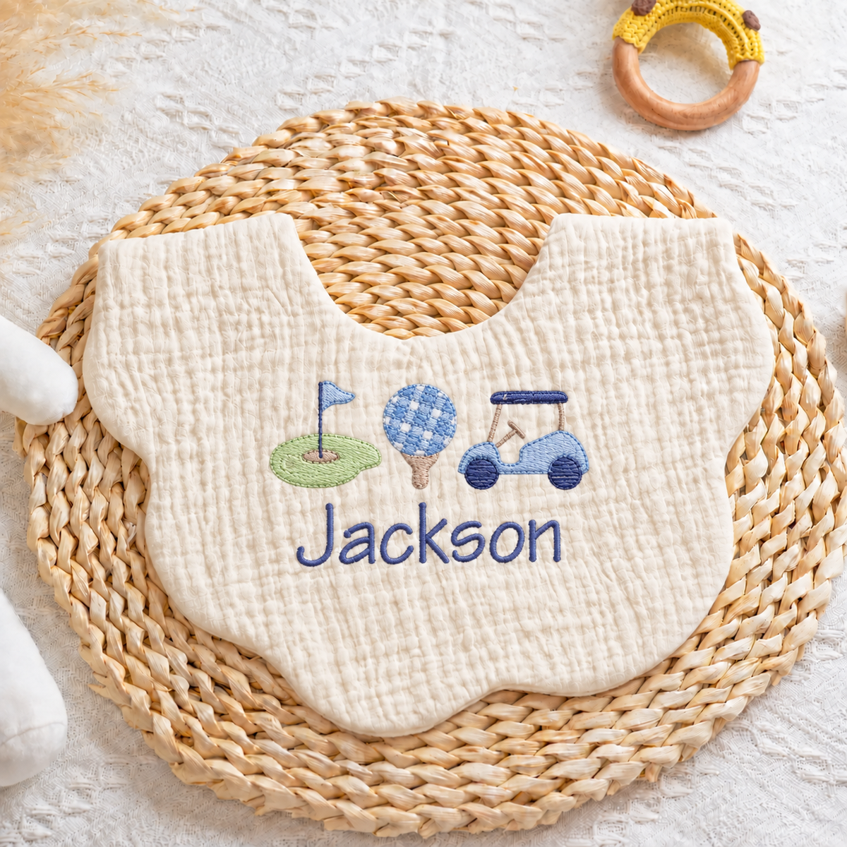 Personalized Muslin Bib – Custom Embroidered Baby Name
