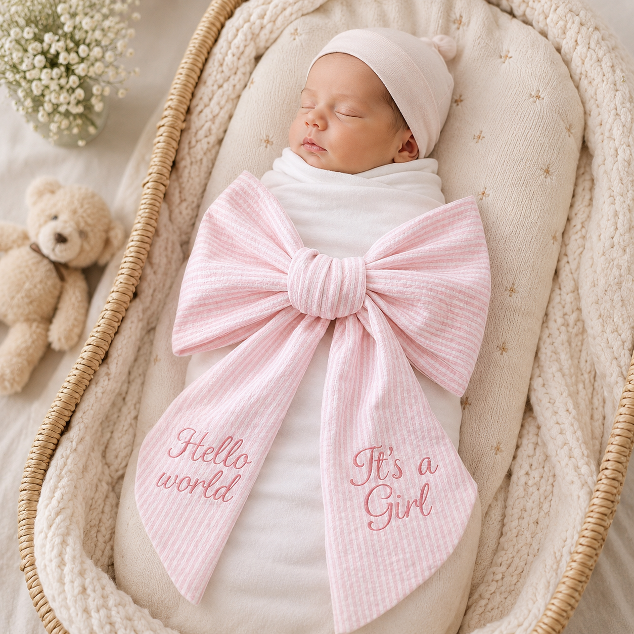 Custom Embroidered Newborn Bow Sash for Swaddle | Hello World Baby Boy/Girl Photo Prop #N1
