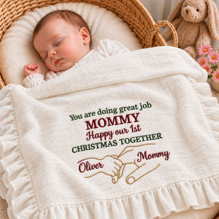 You Are Doing Great Job Mommy Embroidered Muslin Blanket | Personalized 1st Christmas Keepsake Gift for Newborn
