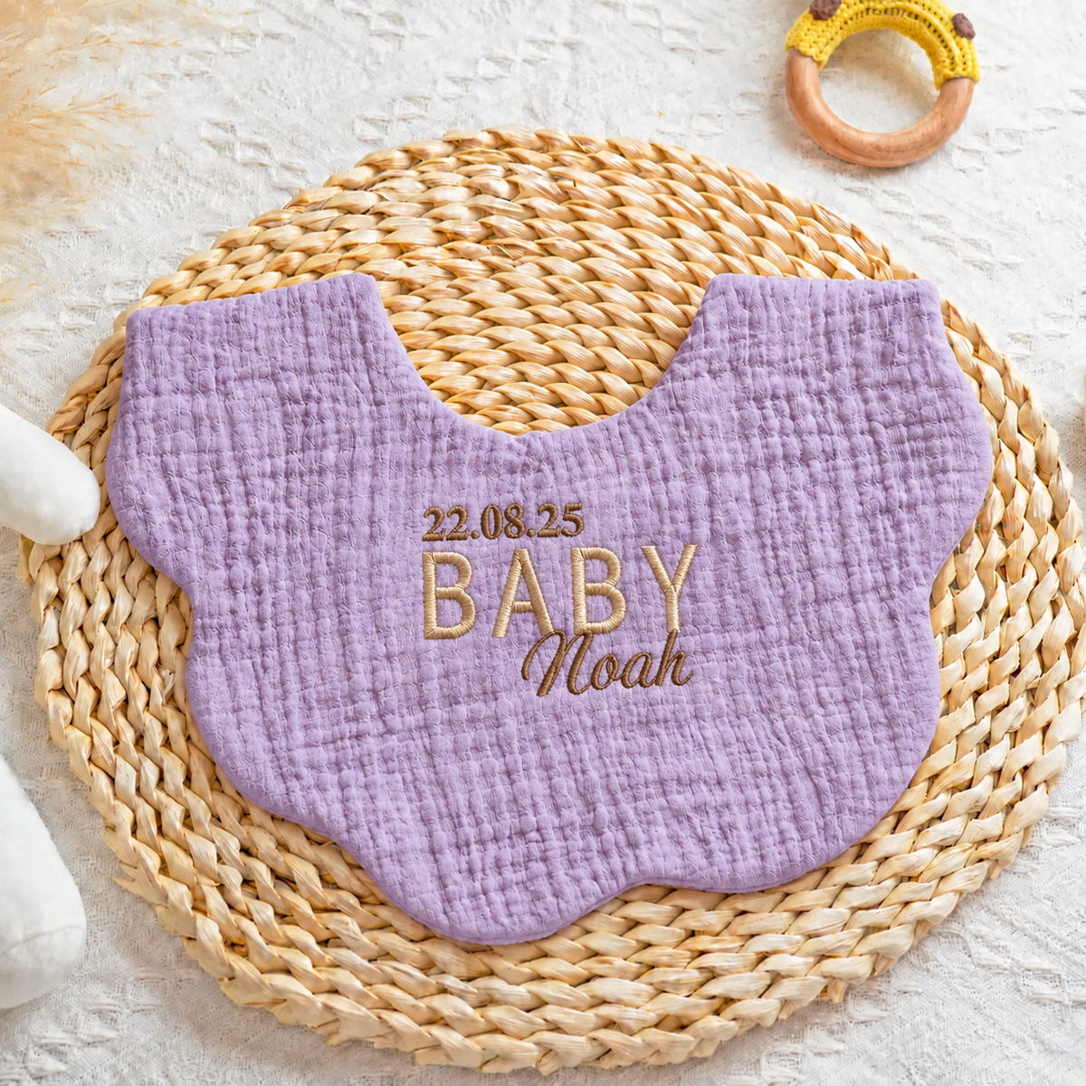 Pastel Muslin Baby Bib with Embroidered Name, Blush Pink, Cream, Aqua & More