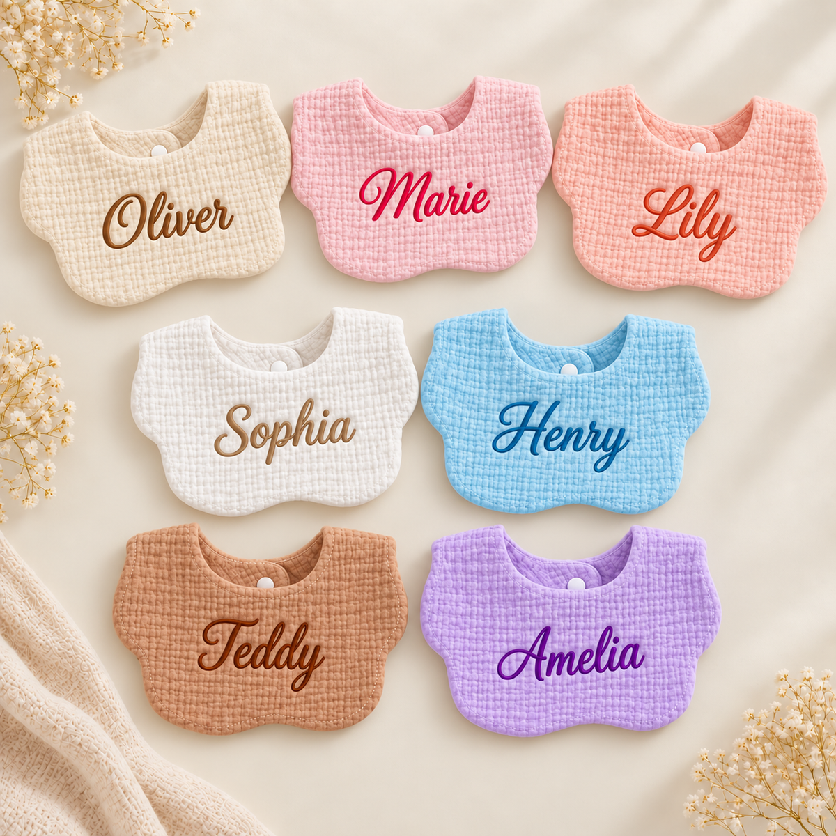 Personalized Embroidered Baby Bib – Custom Name Muslin Bib