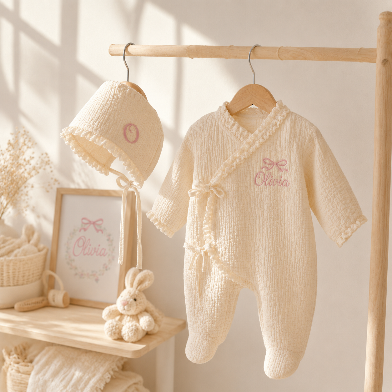 Personalized Newborn Baby Gift Set – Custom Name Embroidered Muslin Romper, Blanket & Pillow #N1
