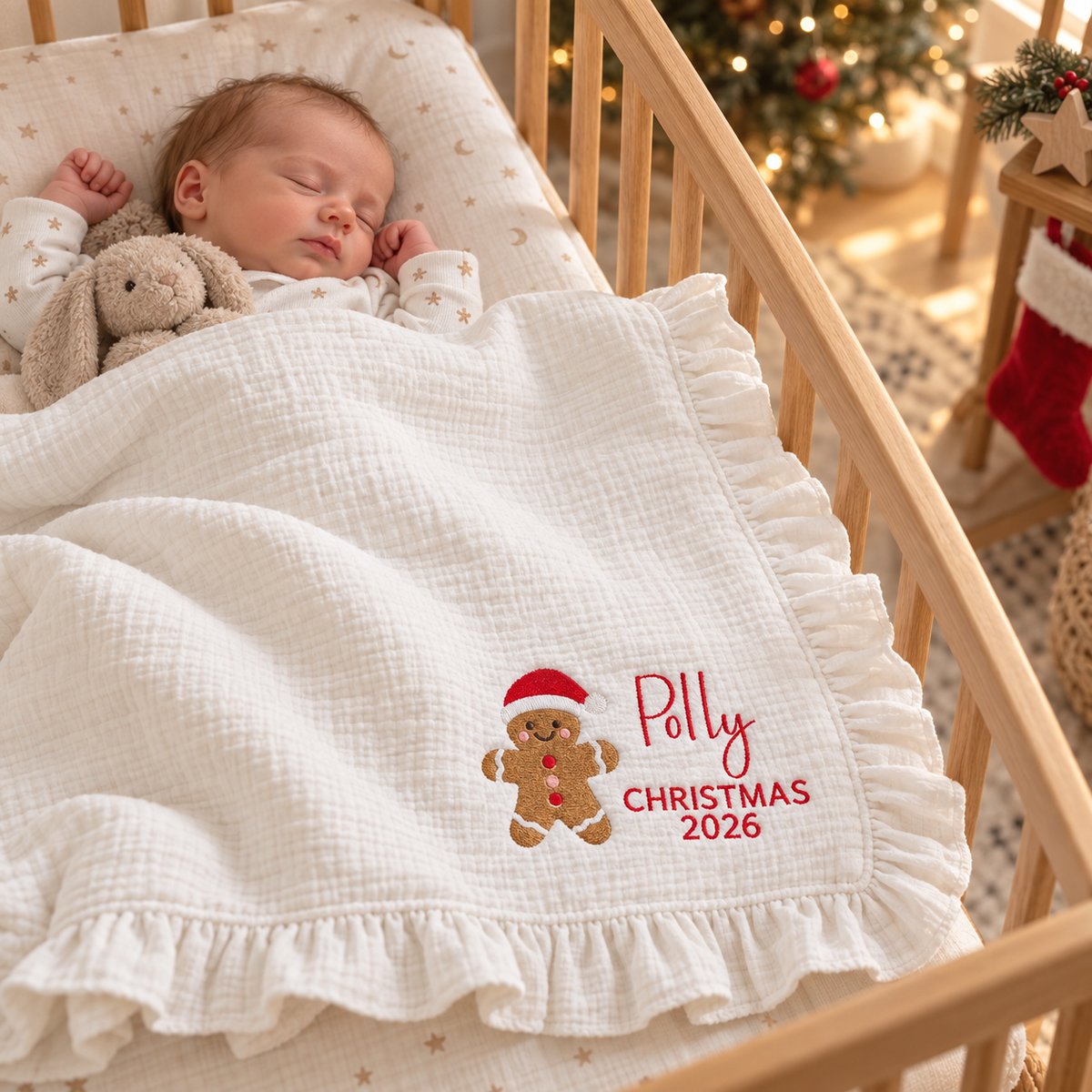 Personalized Baby Name Blanket, Custom Birth Date Muslin Blanket, Ruffle Edge Newborn Keepsake, Baby Shower Gift, Nursery Decor