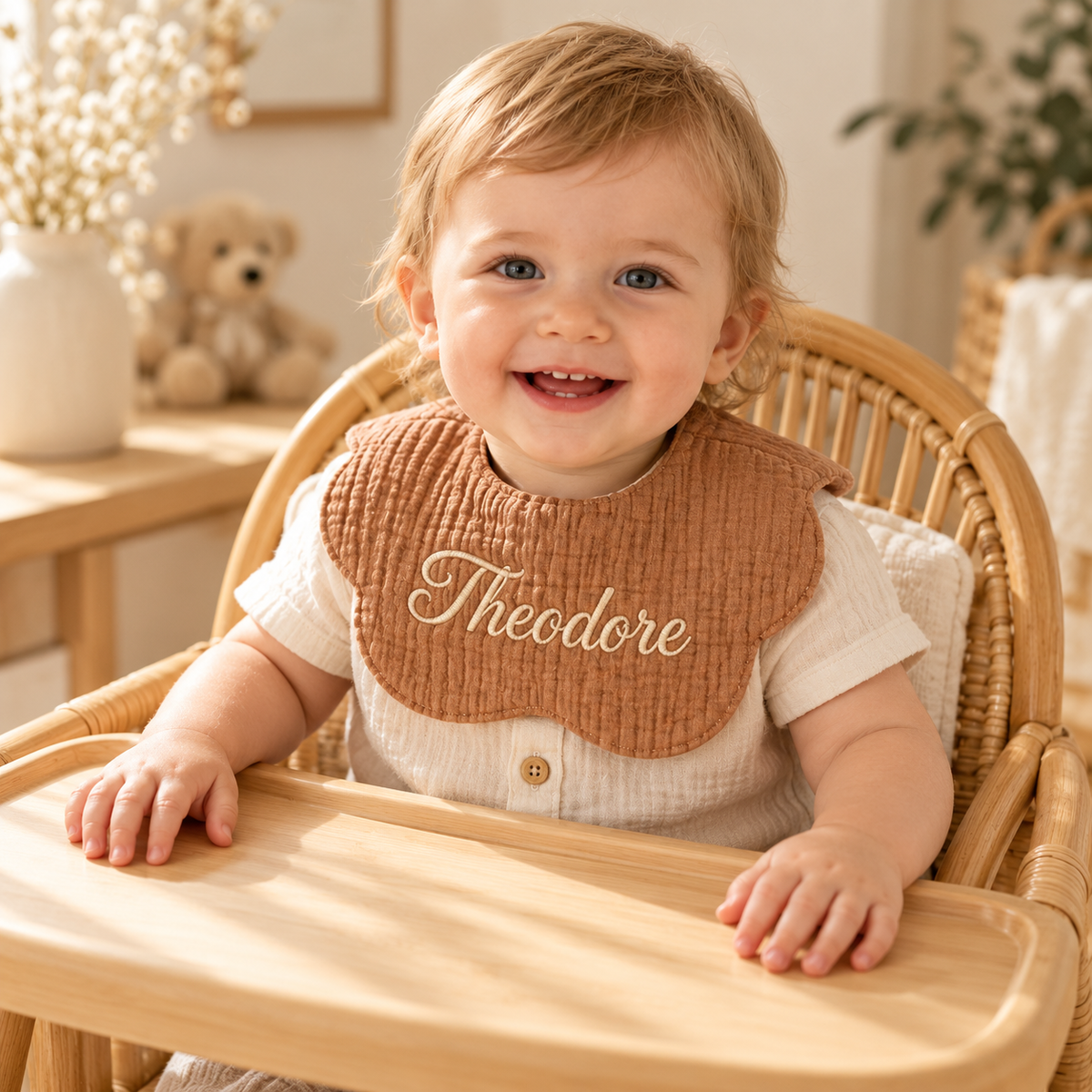Custom Name Baby Bib – Embroidered Muslin Drool Bib
