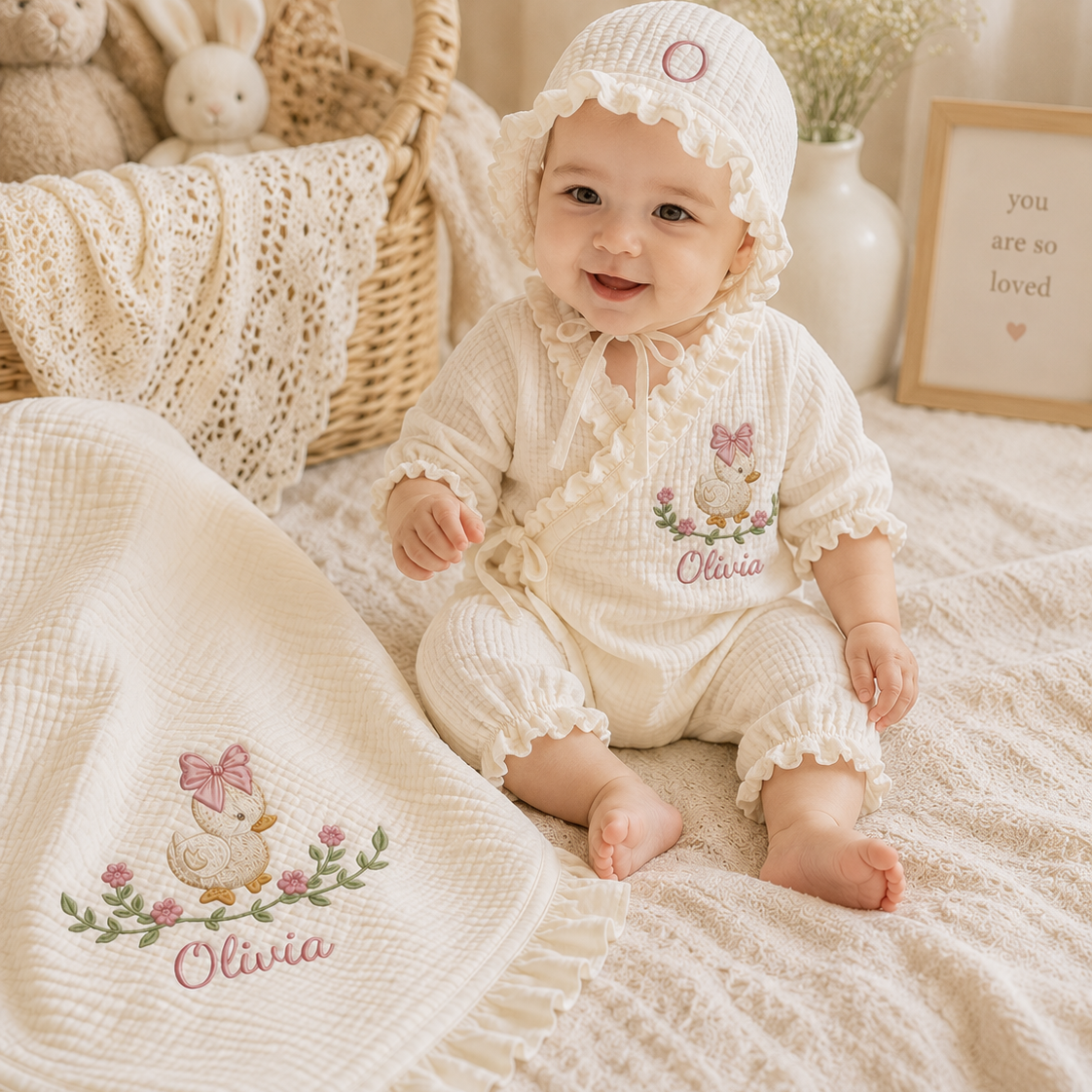 Personalized Baby Girl Muslin Gift Set – Embroidered Blanket, Kimono Romper & Bonnet