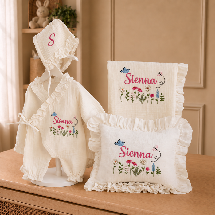 Organic Muslin Double Gauze, Embroidered Name Newborn Gift, Handmade Baby Shower Present, Custom Baby Gift