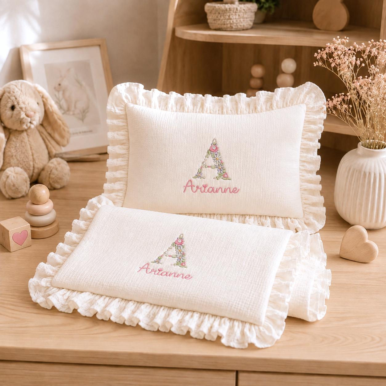 Personalized Muslin Baby Blanket & Ruffle Pillow Set | Custom Embroidered Baby Name Blanket | Newborn Baby Girl Gift | Cotton Nursery Bedding #N1