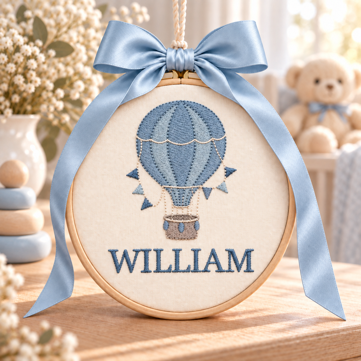 Personalized Hot Air Balloon Name Ornament, Embroidered Baby Keepsake with Ribbon Bow