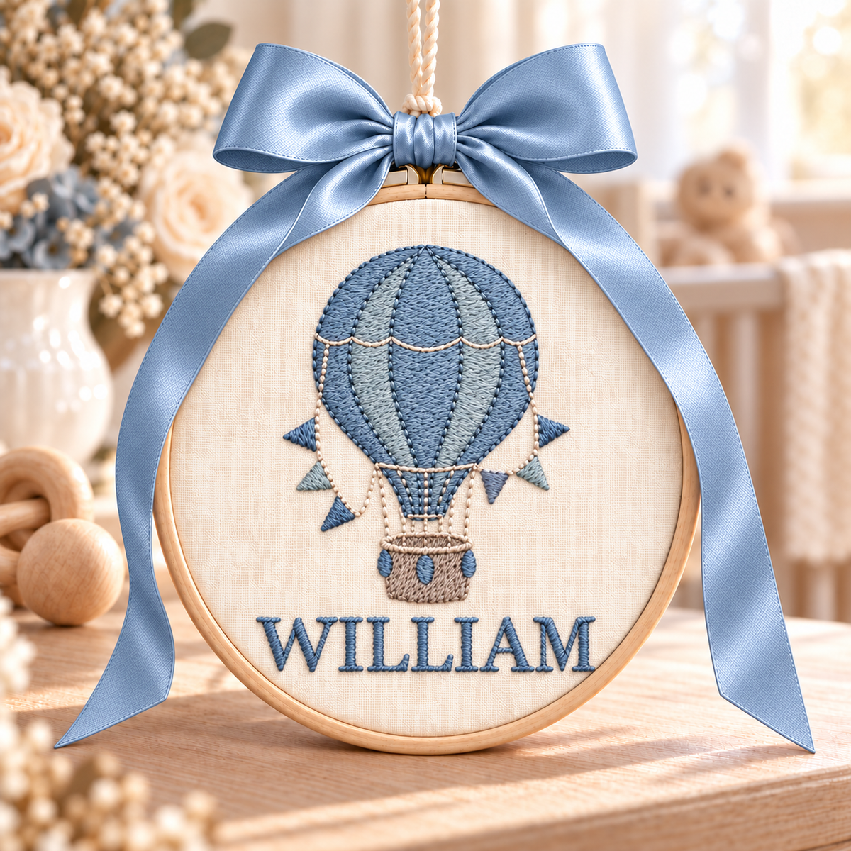 Personalized Hot Air Balloon Name Ornament, Embroidered Baby Keepsake with Ribbon Bow