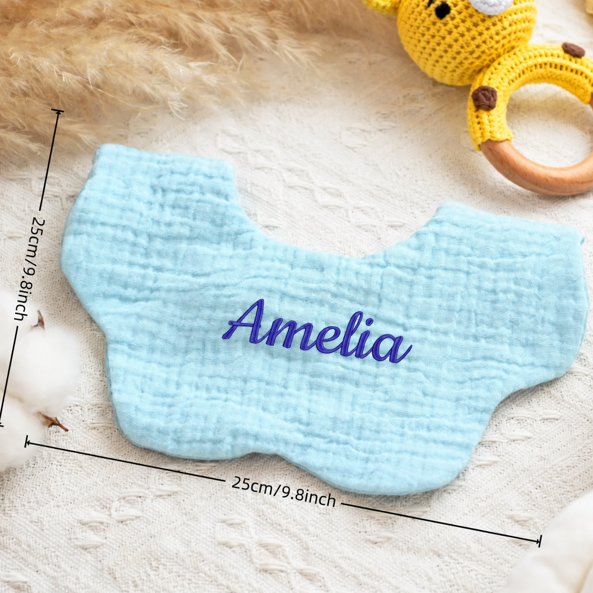 Custom Name Baby Bib – Embroidered Muslin Drool Bib