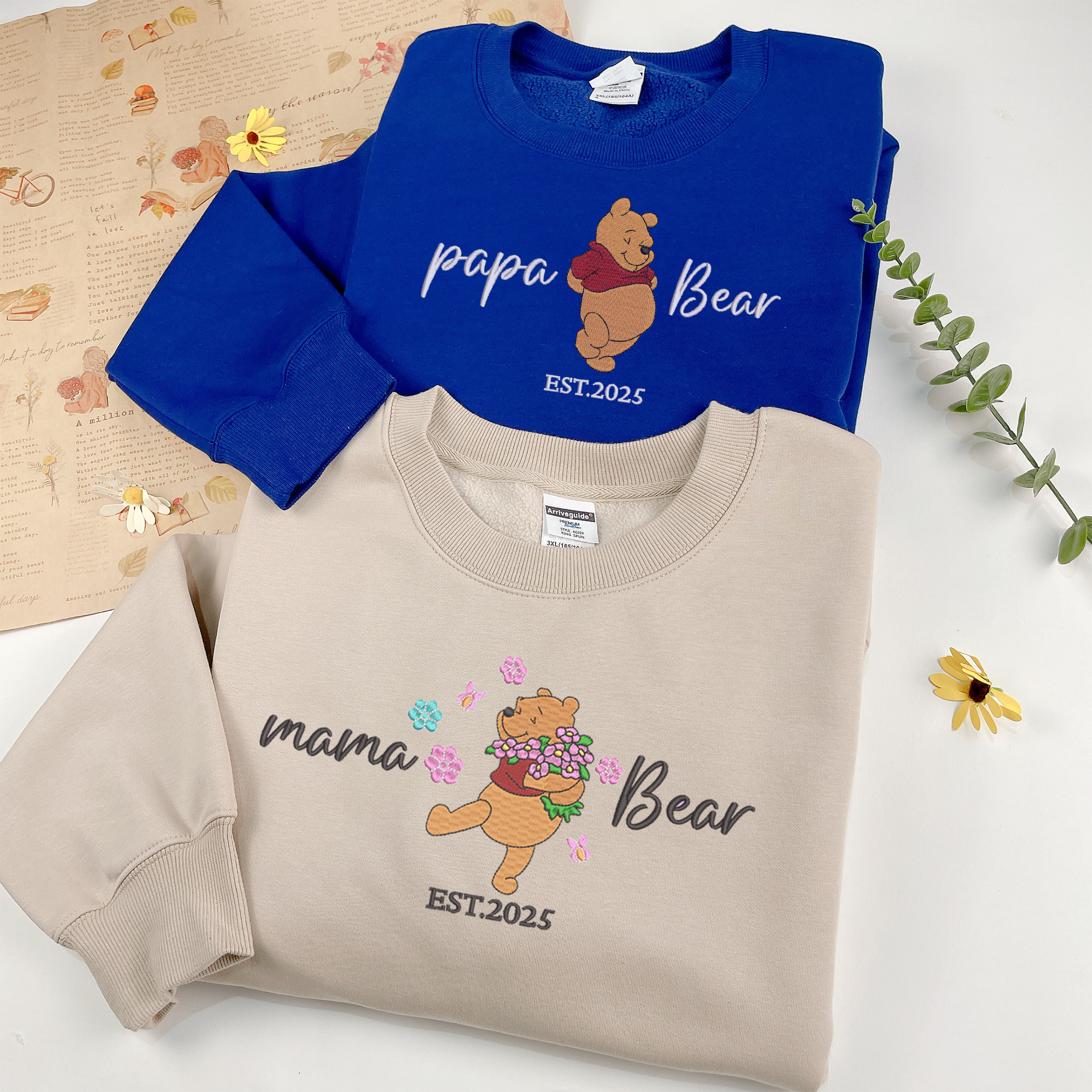 Custom The Pooh Mama Papa Embroidered Sweatshirt, Matching Sweatshirt for Mom Dad