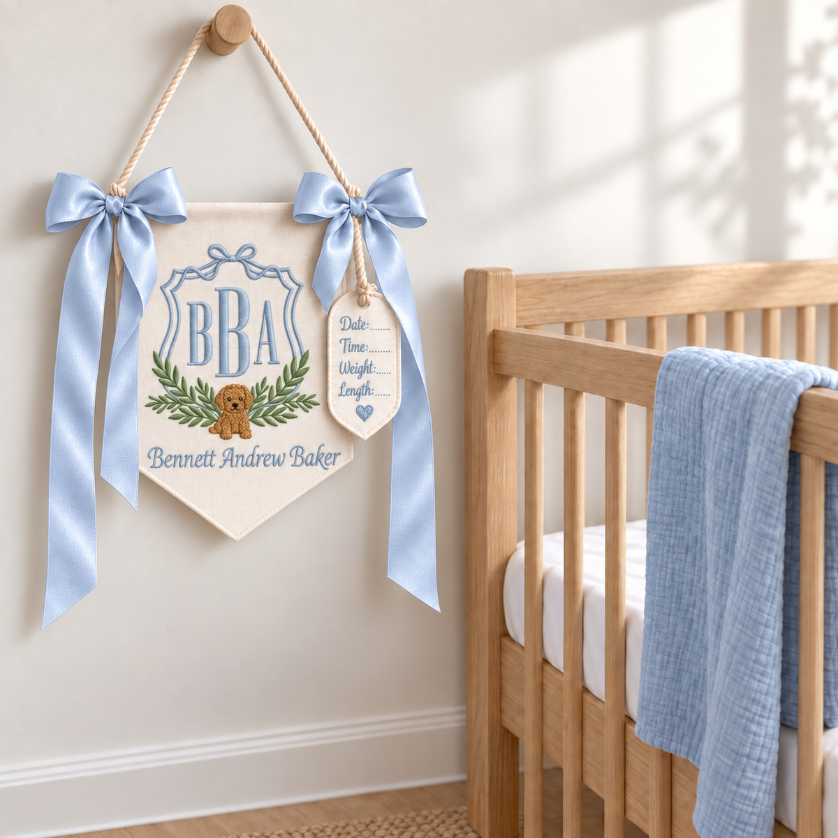 Bassinet & Crib Announcement Banner, Custom Embroidered Baby Welcome Sign
