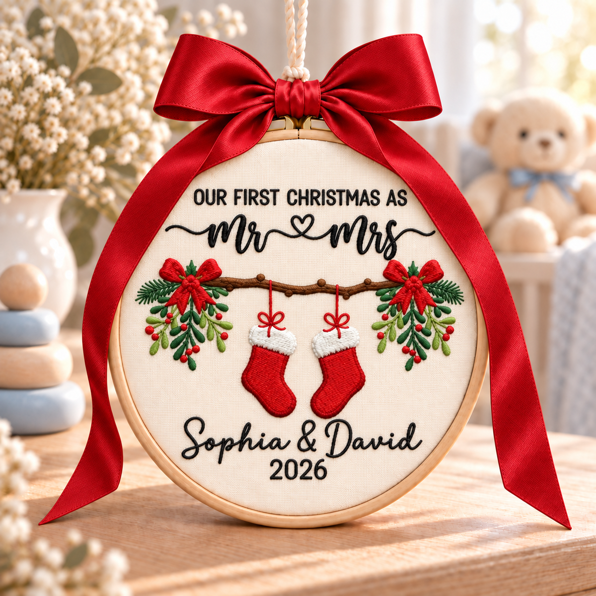 Our First Christmas as Mr & Mrs Ornament, Personalized Embroidered Newlywed Keepsake